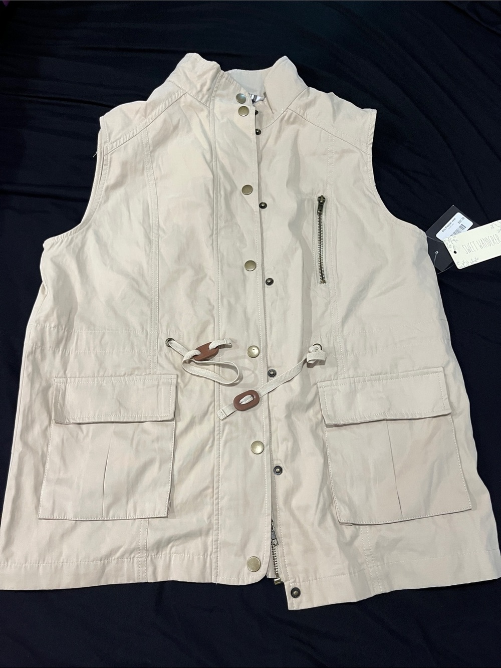 Sweet wanderer   khaki Utility Vest with Drawstring Waist zip front NWT large